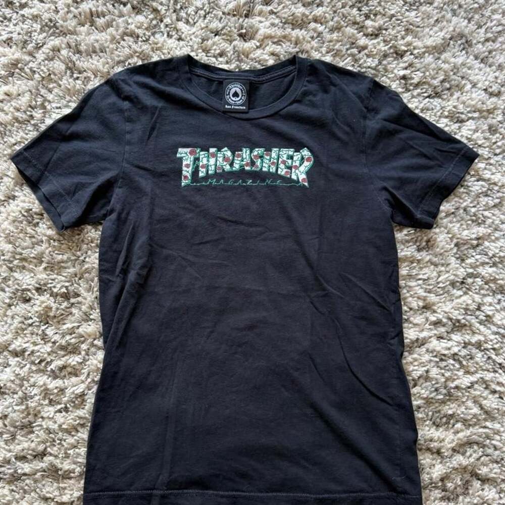 Thrasher Floral Logo Skateboarding T-Shirt Black Size M